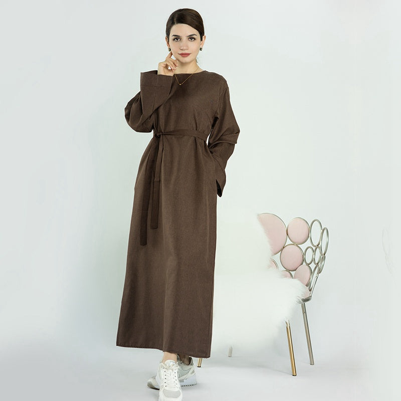 Turkish Dubai Muslim Women Cotton Blended Open Abaya Dress