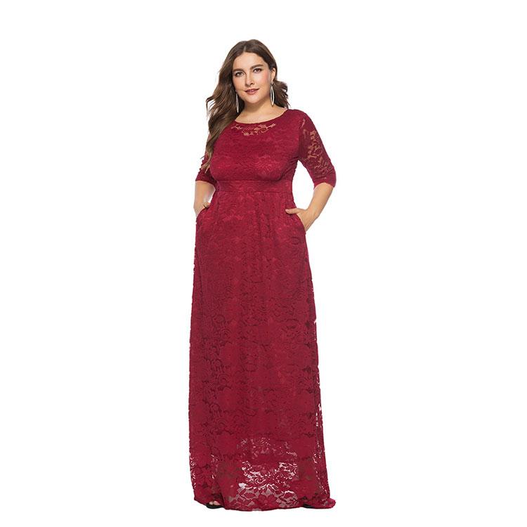 Elegant Plus Size Lace Women Maxi Wedding Formal Dress With Pocket For Mother Of The Groom/Bride
