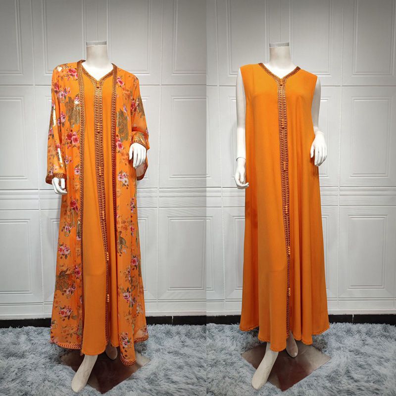 2 Pieces Set Muslim Women Chiffon Open Abaya Dress With Inner Dress