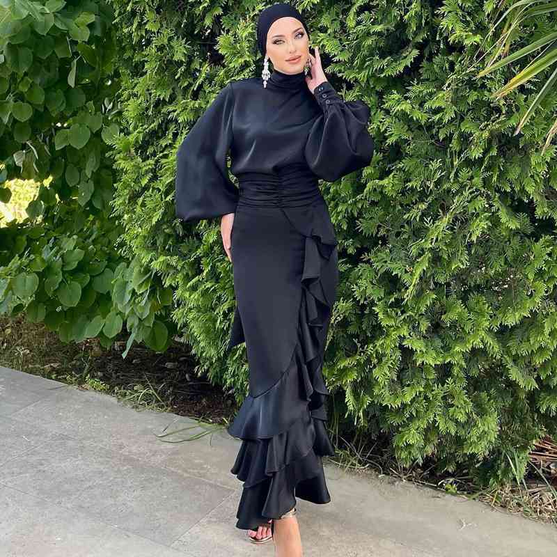 Muslim Women Satin Robe Dress Pieces Set With Tops And Skirt