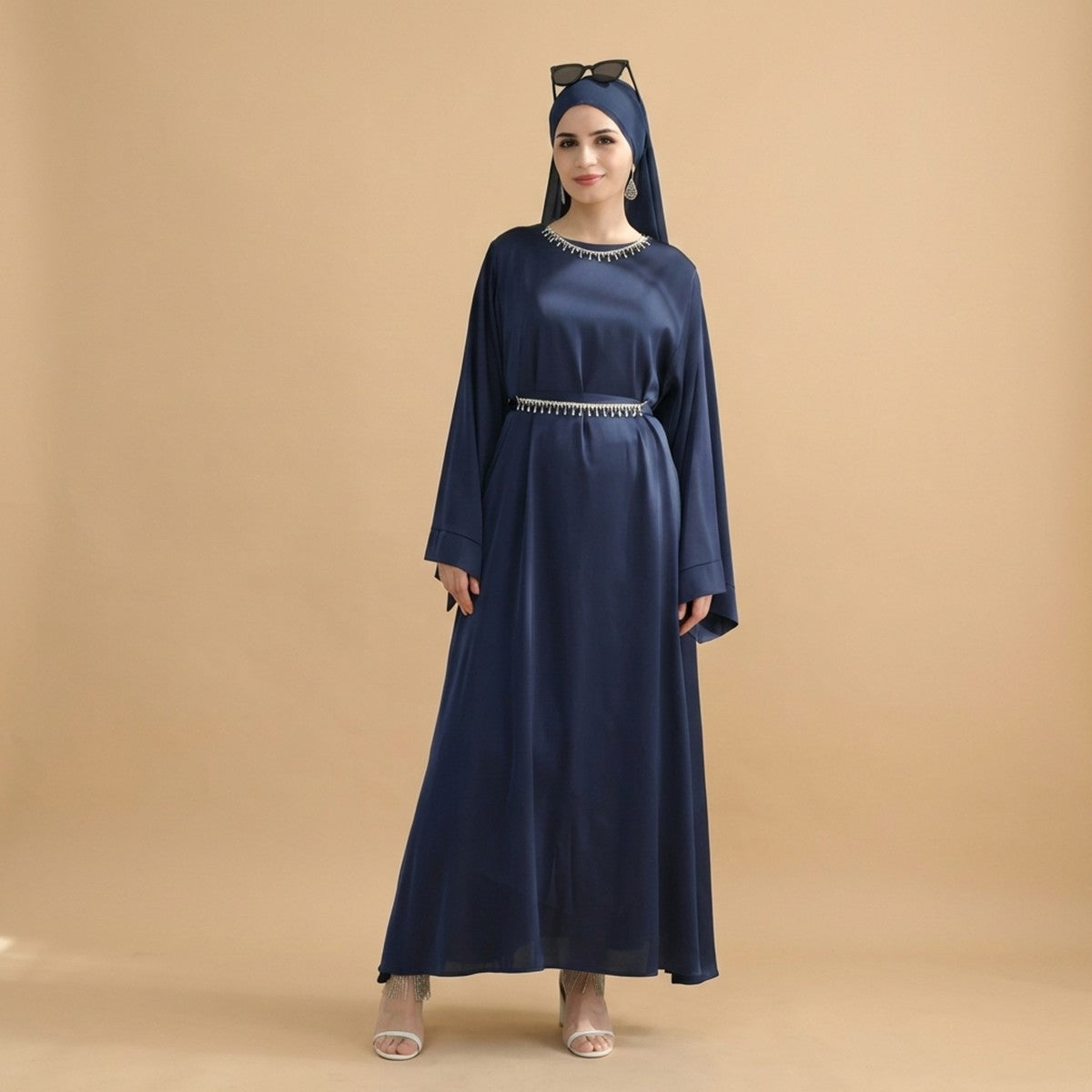Modest Fashion 2 Pieces Set Crystal Belt Open Abaya Dress Set With Inn Urgarment Modest Fashion 2 Pieces Set Crystal Belt Open Abaya Dress Set With Inn Urgarment