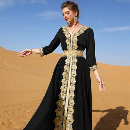 Muslim Women Middle East Vintage Elegant Caftan Kaftan Dress With Lace Embroidered