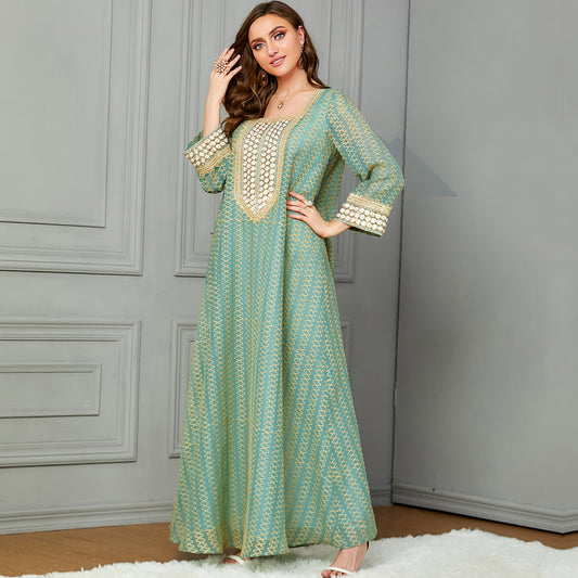 Elegant Green Arab Caftan Kaftan Dress With Rhinestone For Eid