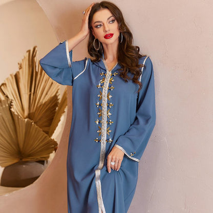 Ramadan Eid Middle East Dubai Blue Hooded Women Abaya Kaftan Dress Jalaba