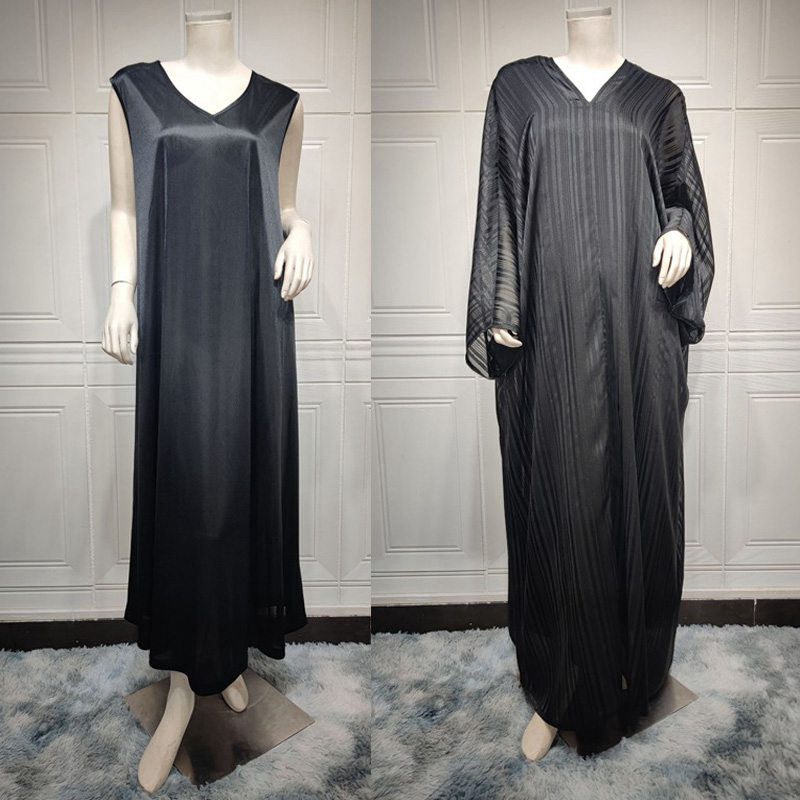 2 Pieces Set Shining Jacquard Muslim Women Abaya Dress With Inner Sleeveless Dress
