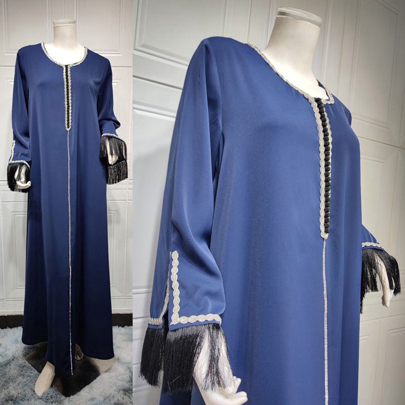 Hotfix Rhinestones Tassel Women Caftan Kaftan Abaya Dress