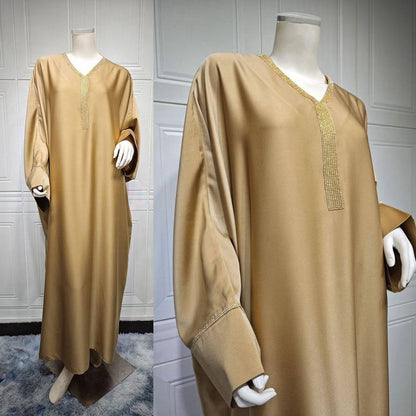 Satin Rhinestone Batwing Sleeve Farasha Abaya Dress For Muslim Women