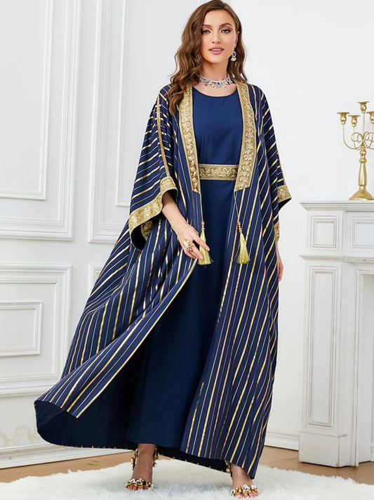 2 Pieces Set Bronzing Muslim Women Caftan Kaftan Cardigan Open Abaya Dress