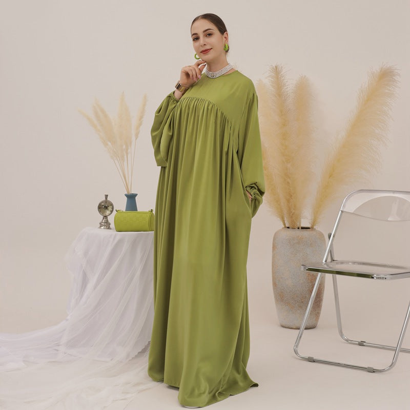 11 Color Options Satin Long Robe Abaya Dress With Pocket