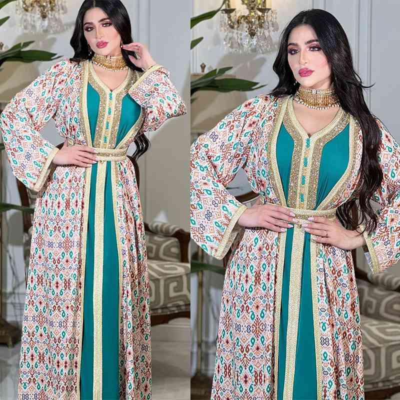 2 Pieces Set Hotfix Rhinestones Printed Caftan Jalabiya Kaftan Dress With Inner Liner Dress