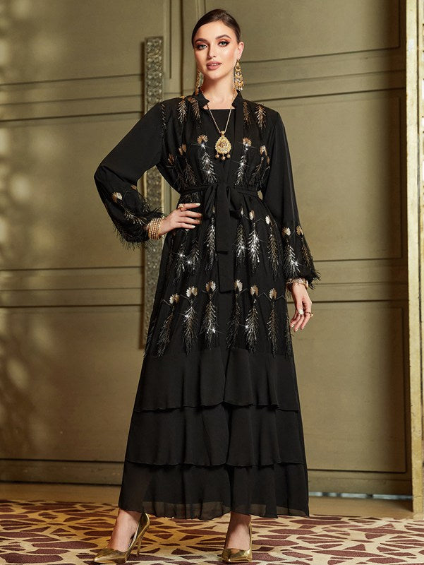 Feather Sequins Embroidery Black Cardigan Open Abaya Dress