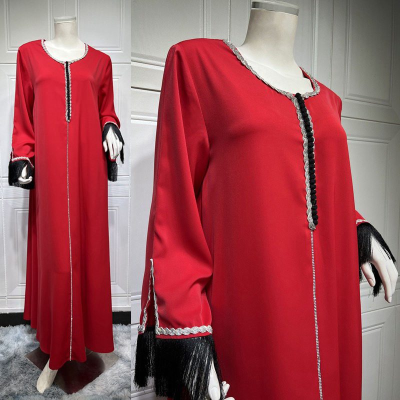 Muslim Women Hotfix Rhinestone Tassel Caftan Kaftan Abaya Dress