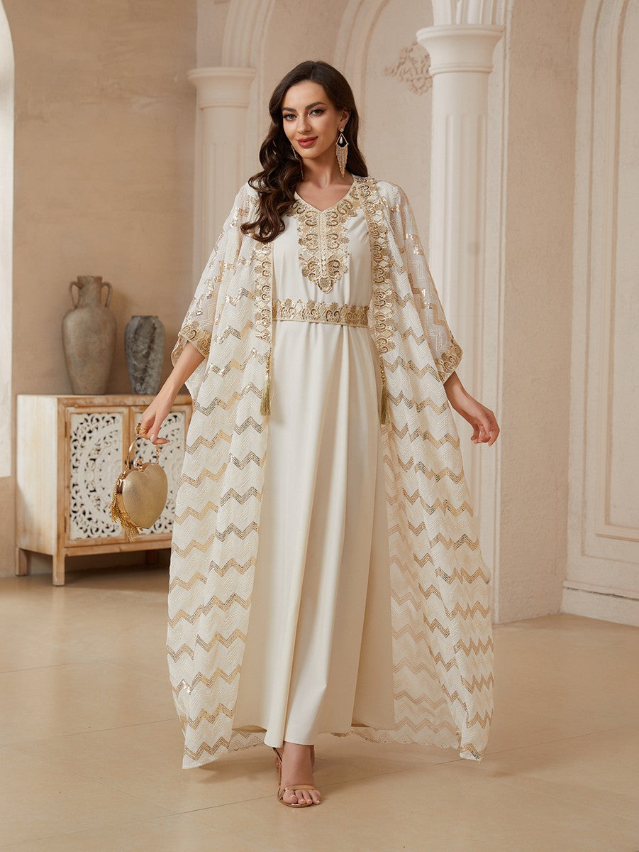 Eid 2 Pieces Set Embroidery Sequins Kaftan Caftan Dress With Inner Sleeveless Dress #26174