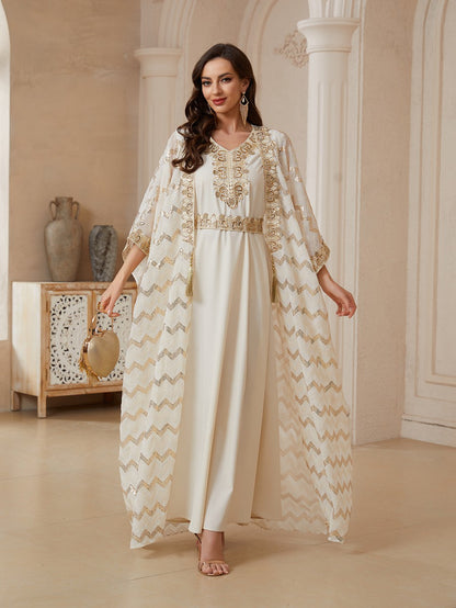 Eid 2 Pieces Set Embroidery Sequins Kaftan Caftan Dress With Inner Sleeveless Dress #26174