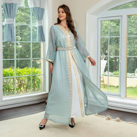 2 Pieces Set Hotfix Rhinestone Caftan Kaftan Dress With Inner Sleeveless Dress