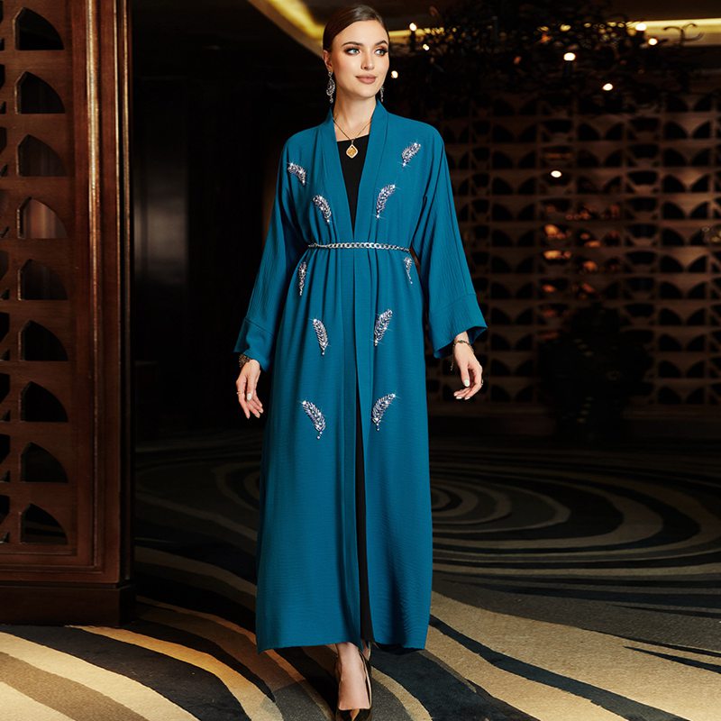Hand-stitched Rhinestone Cardigan Open Abaya Dress With Belt