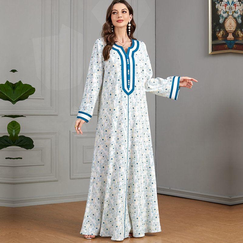 Light Blue Flower Printed Caftan Kaftan Dress