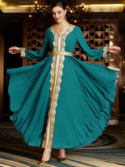 Arab Double Layers Chiffon Lace Embroidered Women Caftan Kaftan Dress