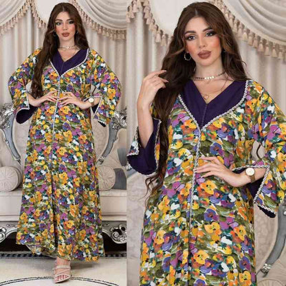 Eid Dresses Flower Printed Rhinestone Satin Caftan Kaftan Dress