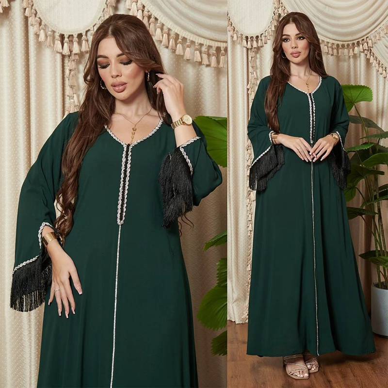 Muslim Women Hotfix Rhinestone Tassel Caftan Kaftan Abaya Dress – urgarment