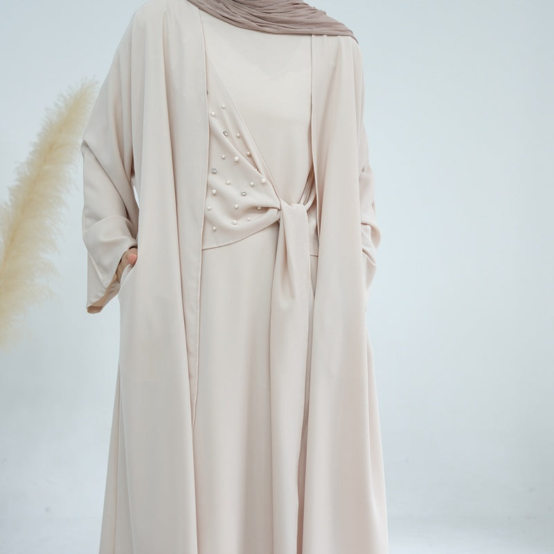 2 Pieces Set Spandex Pearl Open Abaya Dress For Muslim Women – Urgarment