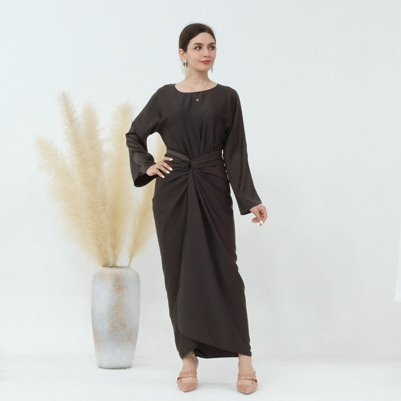 2 Pieces Set Abaya Pants Set Muslim Women Nida Tops And Pant With Midi Wrap