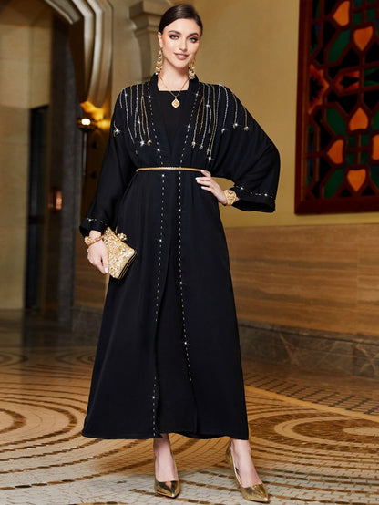 Hand-stitched Beads Satin Cardigan Open Abaya Dress