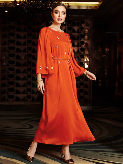 Hand-stitched Rhinestone Middle East Arab Evening Abaya Dress With Belt