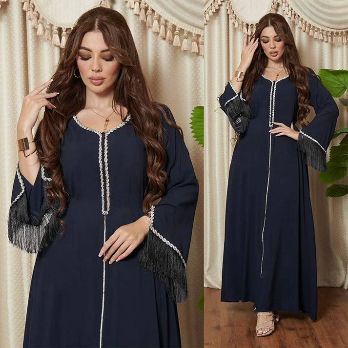 2 Pieces Hotfix Rhinestones Satin Abaya Dress With Inner Sleeveless Slip Dress