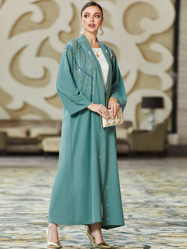 Muslim Women Hand-stitched Rhinestone Cardigan Open Abaya Dress