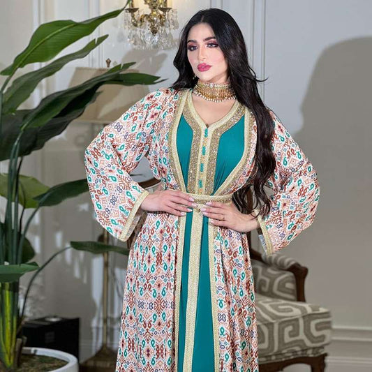 2 Pieces Set Hotfix Rhinestone Printed Caftan Jalabiya Kaftan Dress With Inner Liner Dress