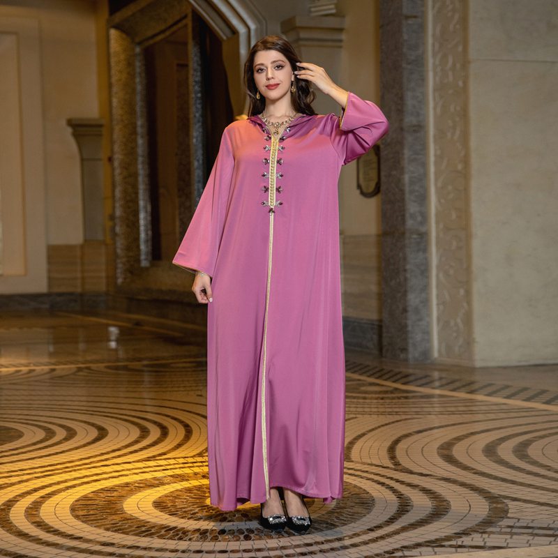 Satin Hooded Rhinestone Women Caftan Kaftan Abaya Dress For Evening Party And Eid Celebration