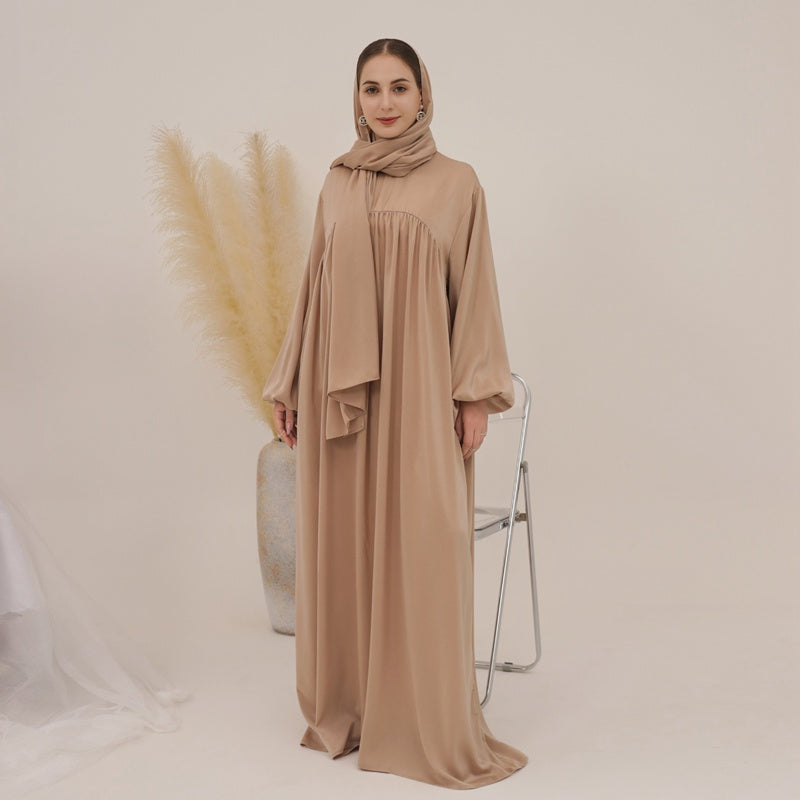 11 Color Options Satin Muslim Women Long Robe Abaya Dress With Pocket
