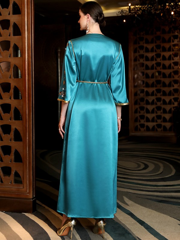 Hand-stitched Rhinestone Lake Blue Evening Caftan Kaftan Dress