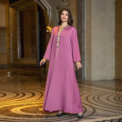 Satin Hooded Rhinestone Women Caftan Kaftan Abaya Dress For Evening Party And Eid Celebration