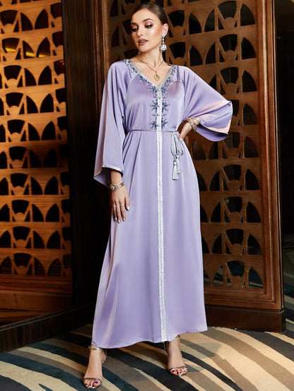 Hand-stitched Rhinestone Satin Purple Caftan Kaftan Dress