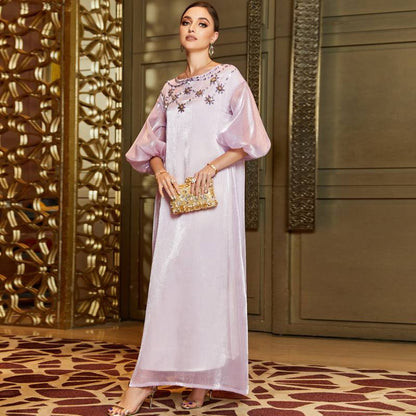 Hand-stitched Rhinestone Bright Silk Caftan Kaftan Dress