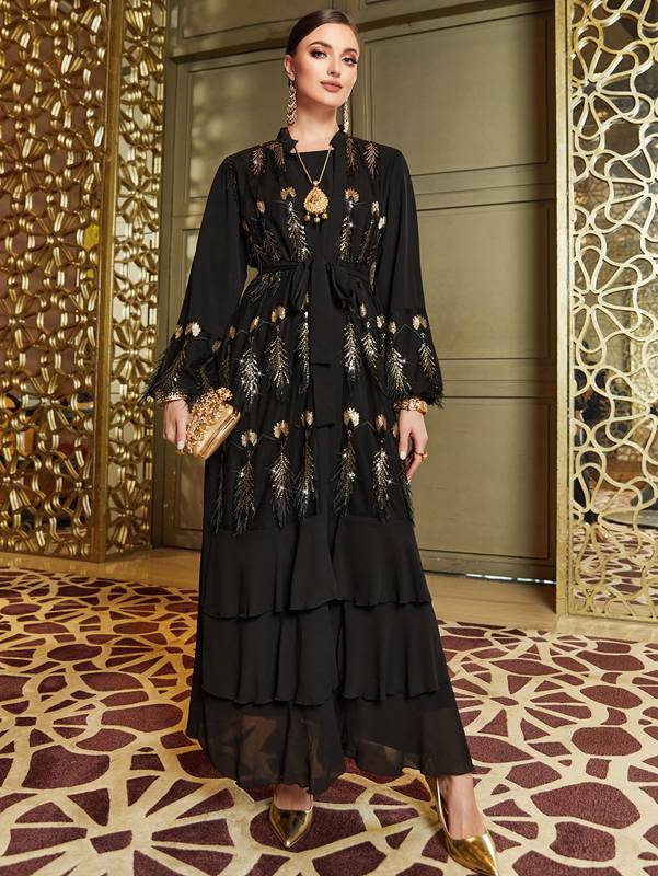 Feather Sequins Embroidery Black Cardigan Open Abaya Dress