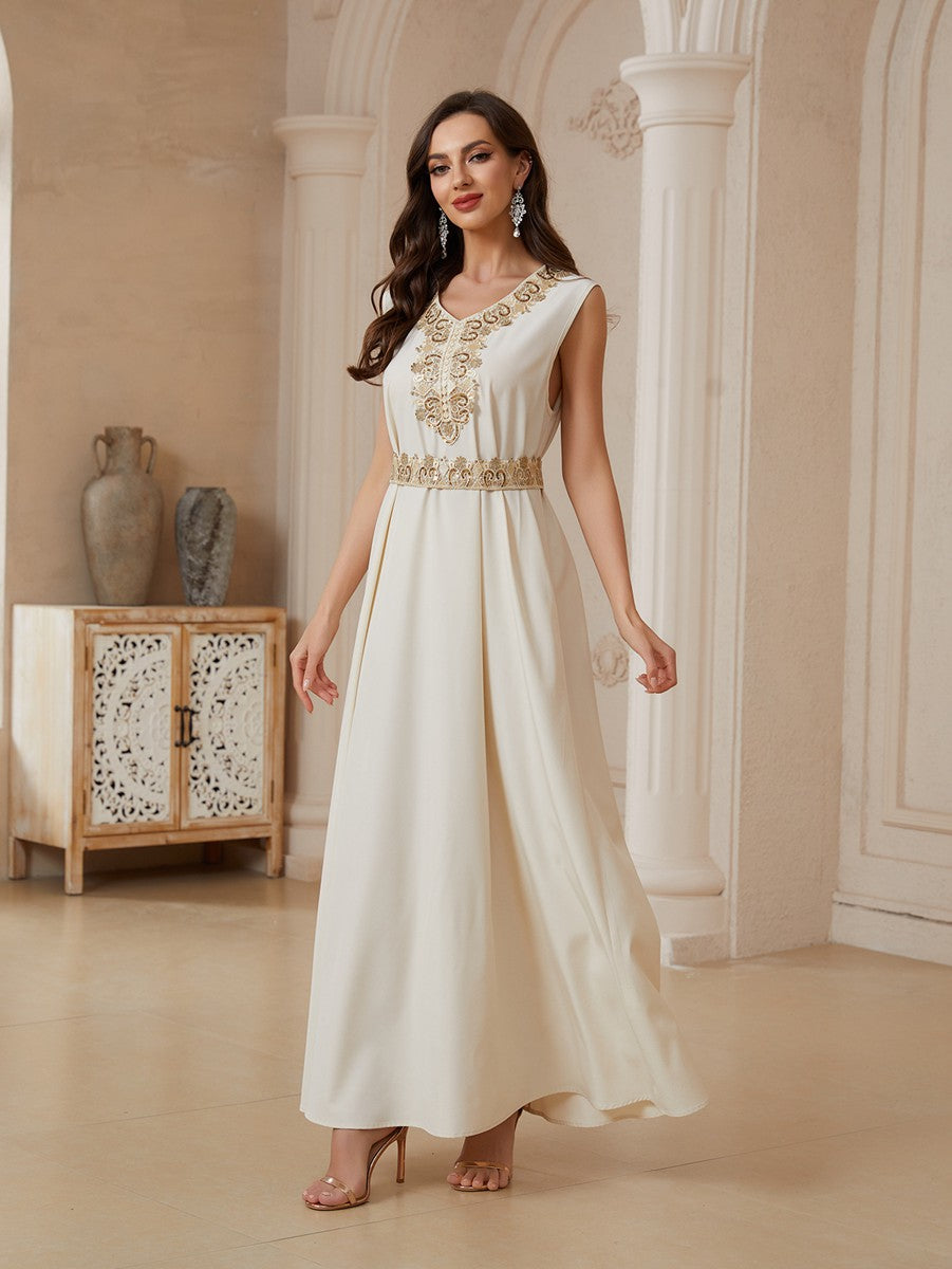 Eid 2 Pieces Set Embroidery Sequins Kaftan Caftan Dress With Inner Sleeveless Dress #26174