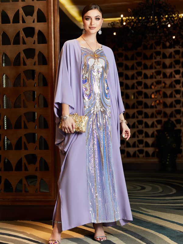 Sequins Embroidery Purple Farasha Batwing Sleeve Caftan Kaftan Dress