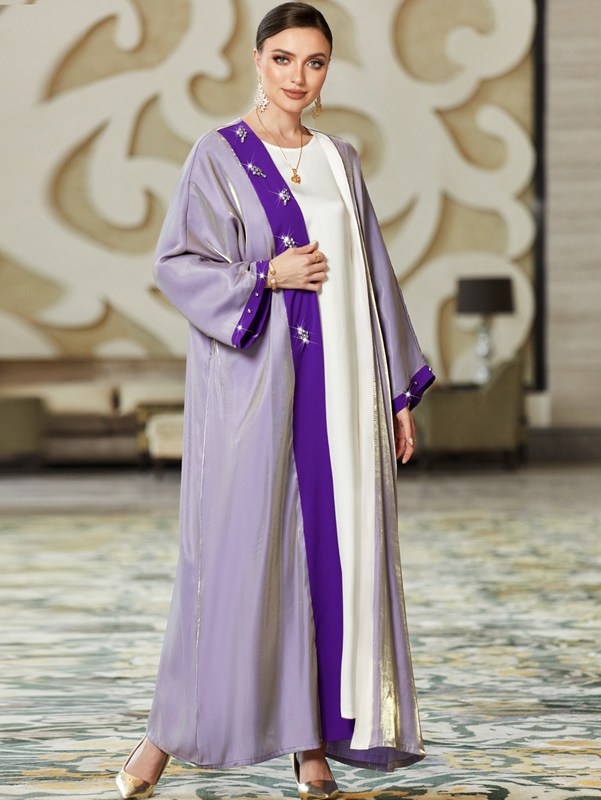 Hand-stitched Rhinestone Purple Cardigan Open Abaya Dress