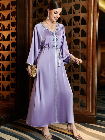Hand-stitched Rhinestone Satin Purple Caftan Kaftan Dress