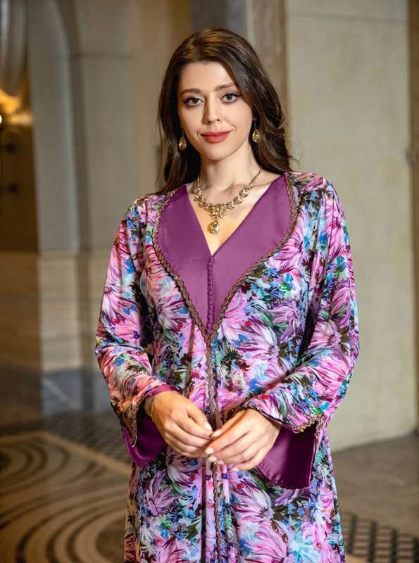 Eid Dresses Flower Printed Rhinestone Satin Caftan Kaftan Dress