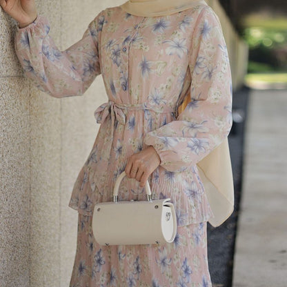 Cute Chiffon Flower Printed Long Abaya Dress