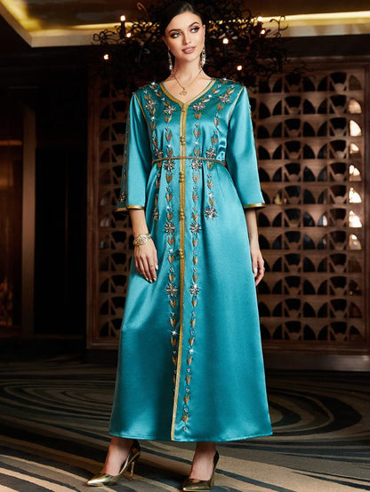 Hand-stitched Rhinestone Lake Blue Evening Caftan Kaftan Dress