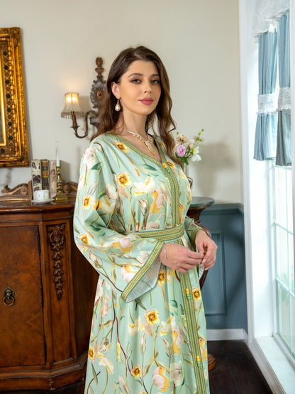 Moroccan Floral Printed Elegant Caftan Kaftan Dress Jalabiya