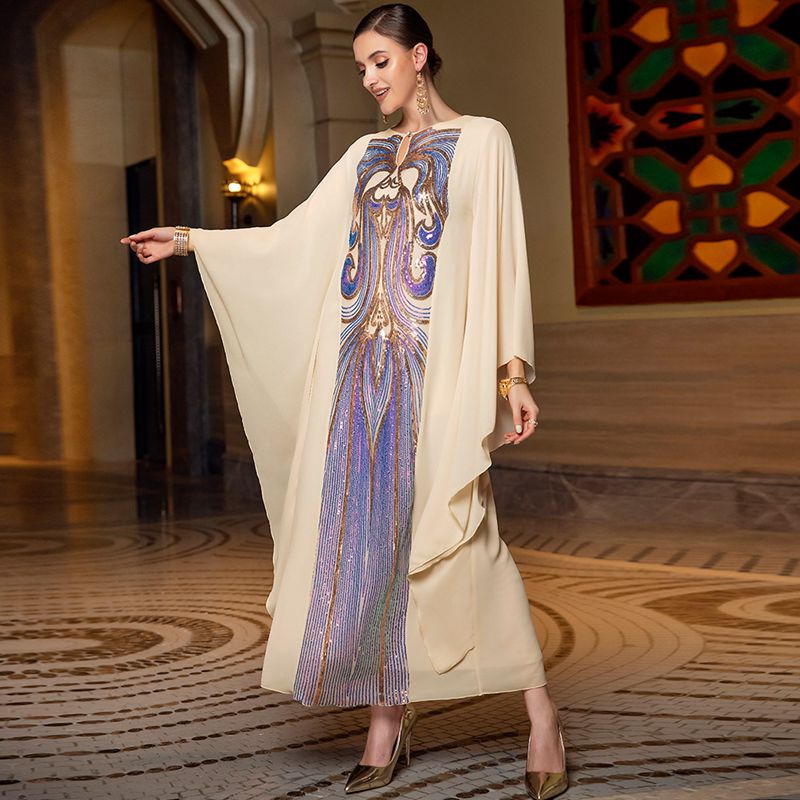 Arab Middle East Flutter Sleeve Butterfly Printed Caftan Kaftan Dress