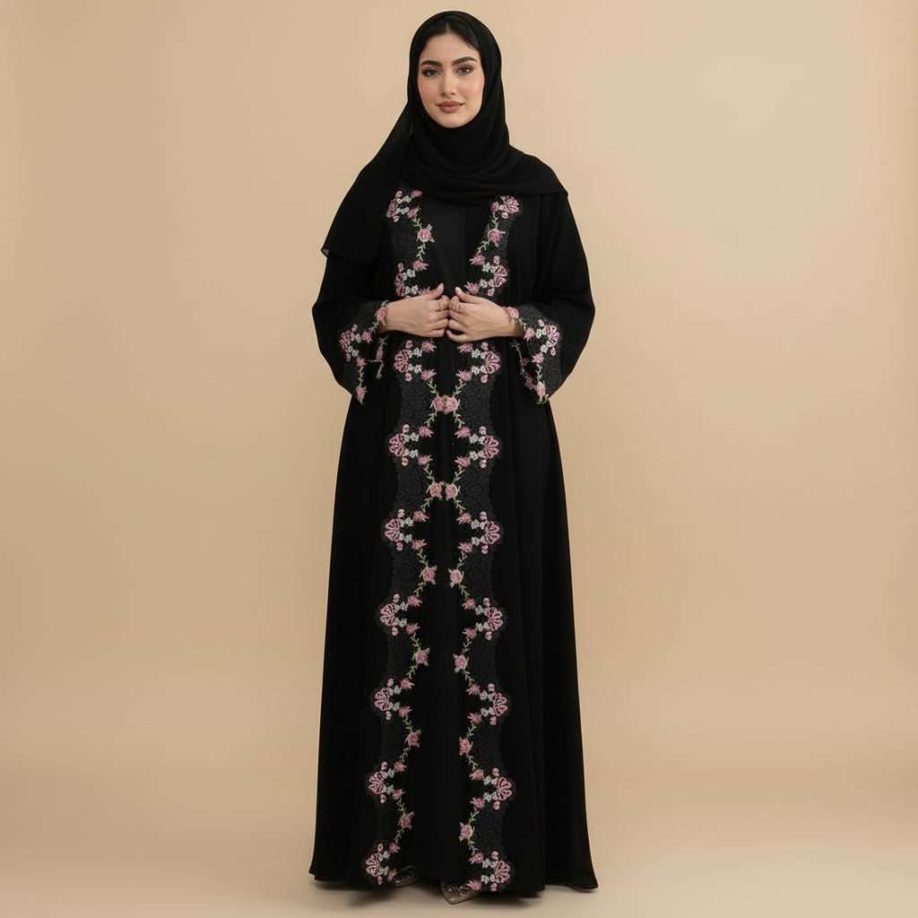 Embroidered Lace Open Abaya Dress For Women - Black - #26M275