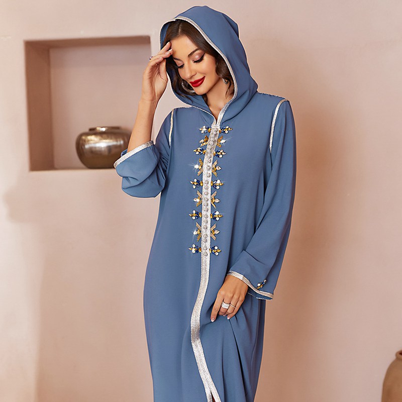 Ramadan Eid Middle East Dubai Blue Hooded Women Abaya Kaftan Dress Jalaba
