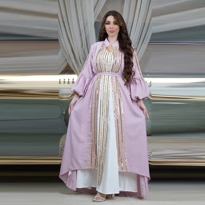 2 Pieces Set Embroidery Sequins Arab Caftan Kaftan Dress With Inner Sleeveless Dress